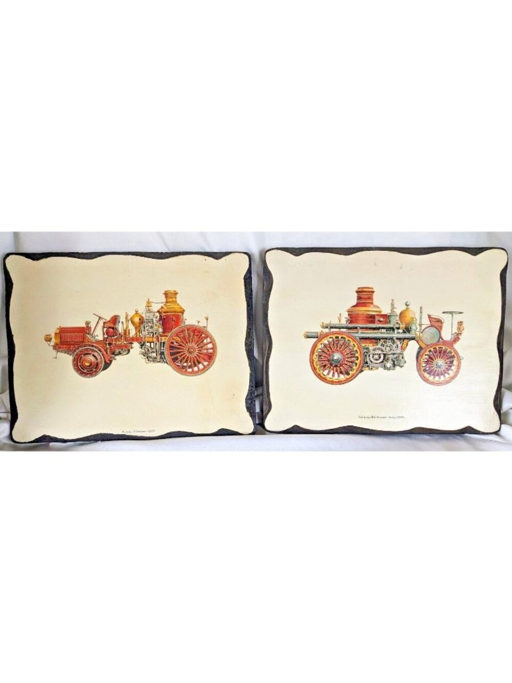 Vintage Wooden Wall Plaques Antique Fire Engine Prints 1900s Steam Truck Decor